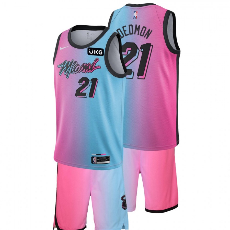 Nike Miami Heat #21 Dewayne Dedmon City Edition Blue Pink Jersey Shorts Set