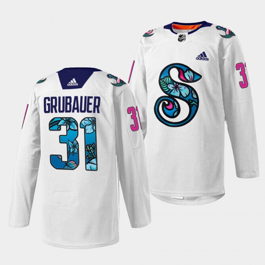 Philipp Grubauer Seattle Kraken Pride Night 2022 White Warmup Jersey